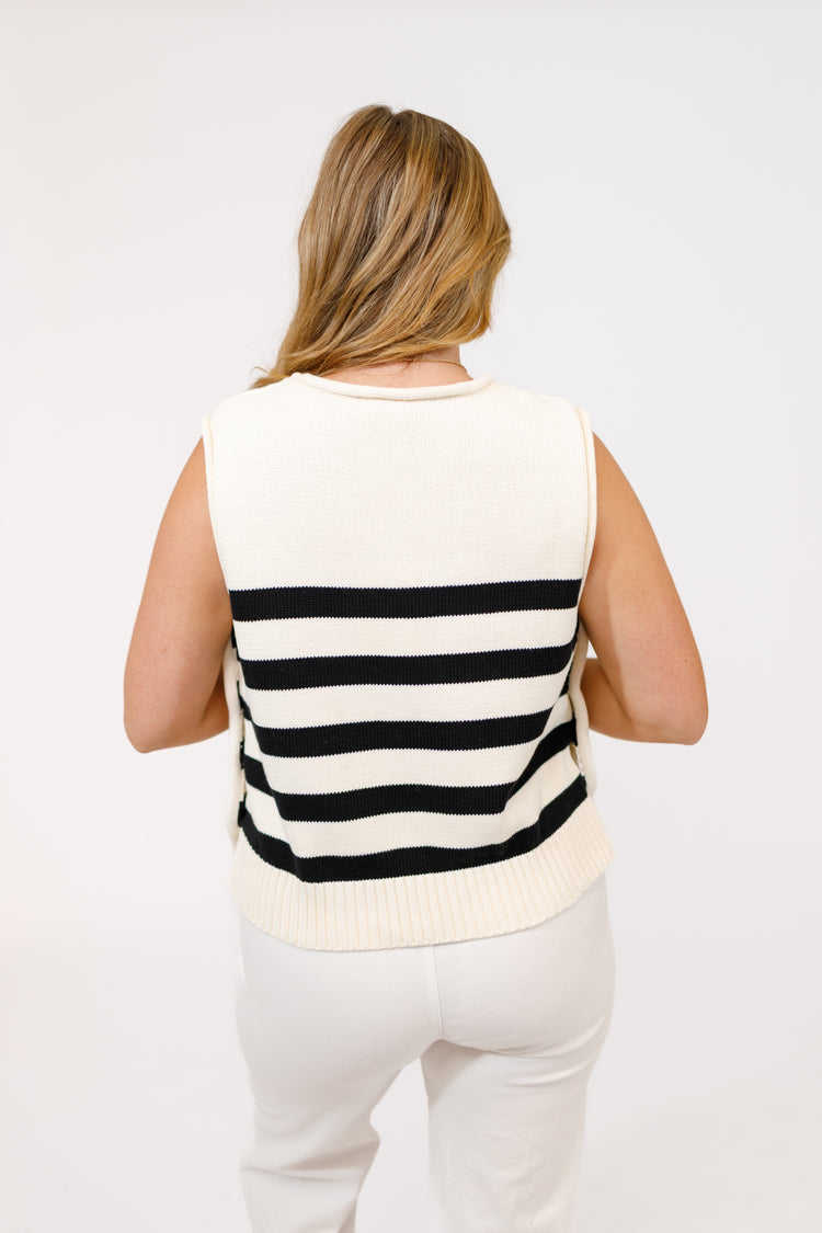 Cream and Black Side Button Top