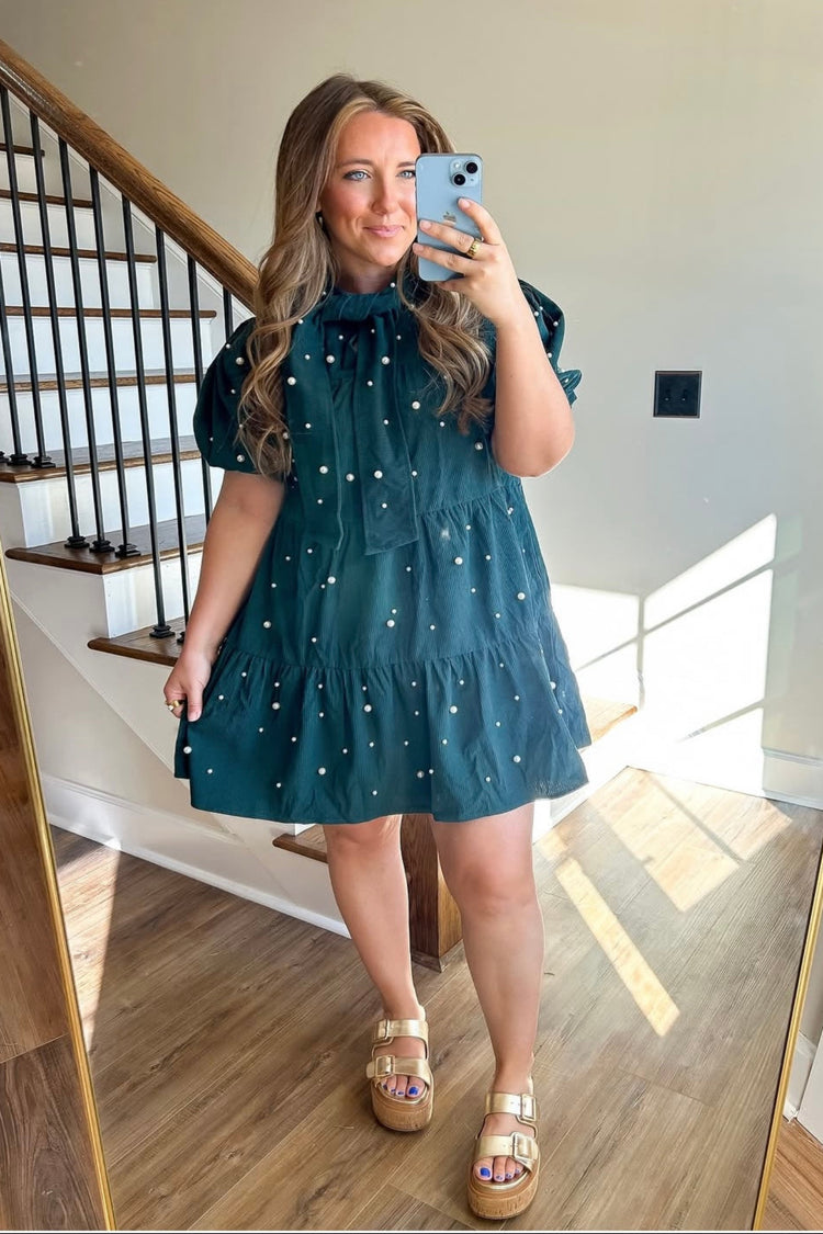 Hunter Green Pearled Dress