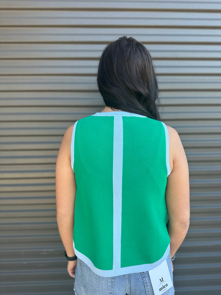 Green with Blue Trim Sleeveless Top Jaxe + Grace Boutique