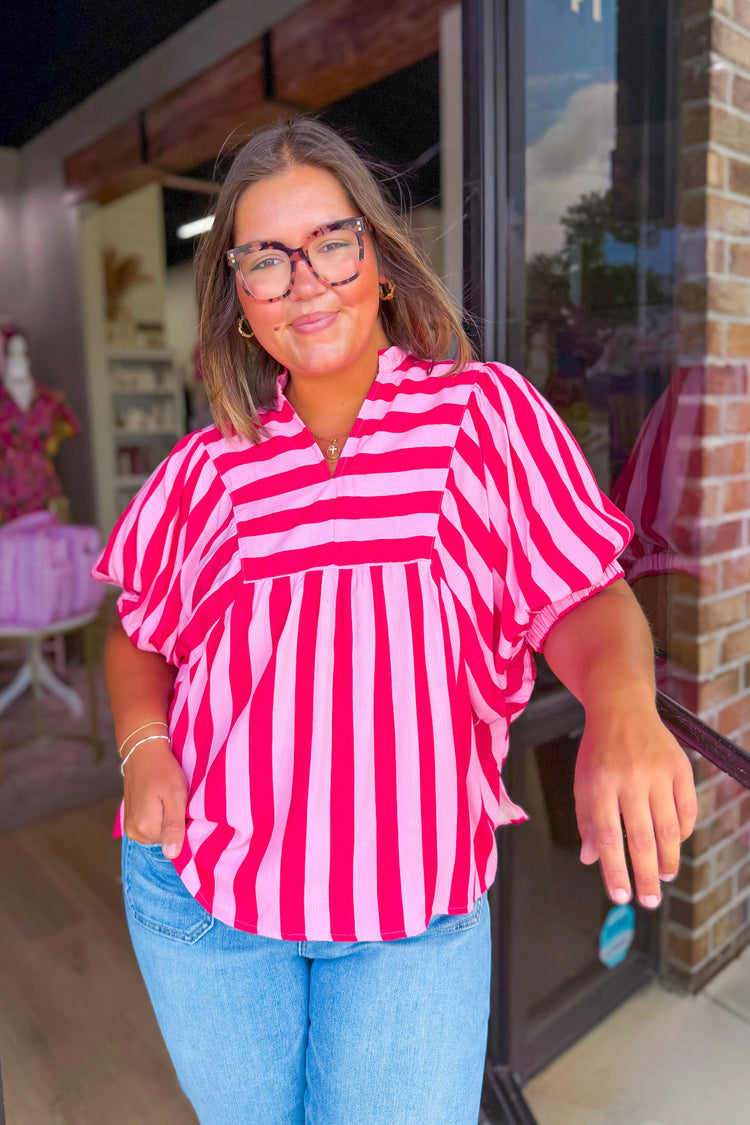 Curvy Pink and Red Vertical Stripe Top Jaxe + Grace Boutique