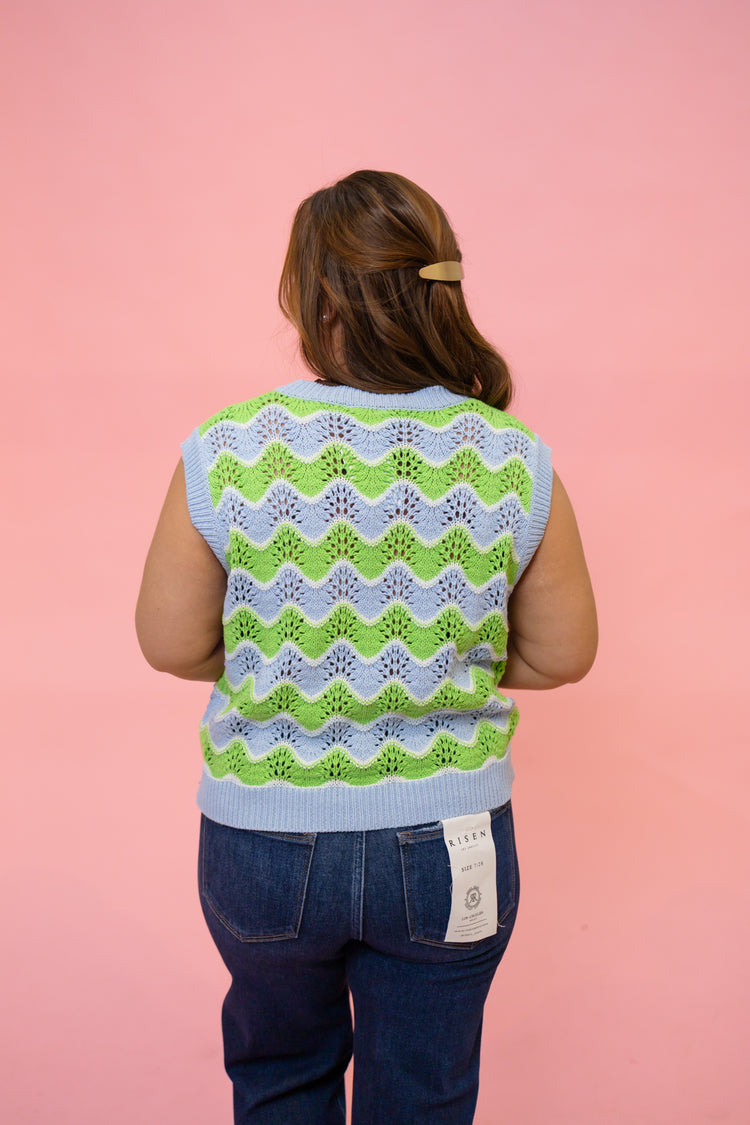 Blue and Green Eyelet Knit Top