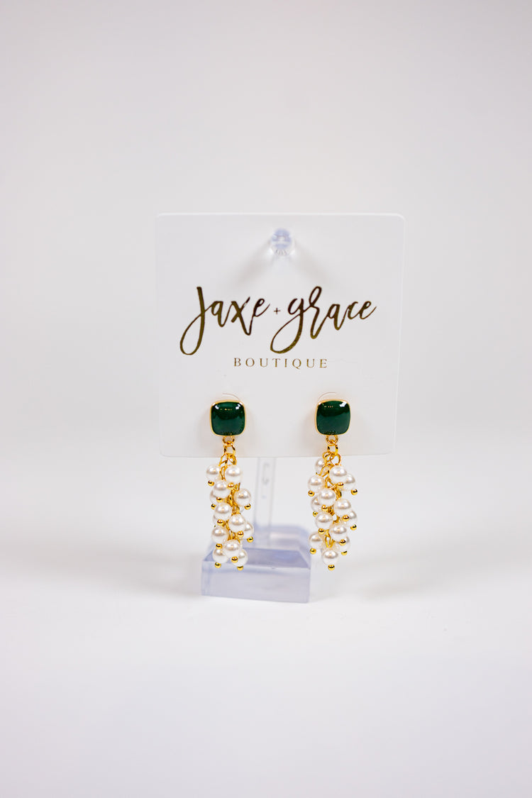 Green Square Pearl Drop Earrings