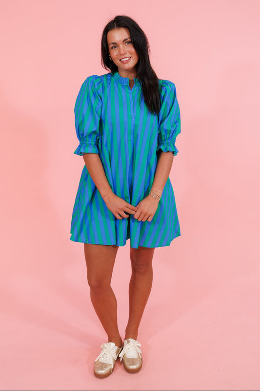 Green and Blue Vertical Stripe Dress
