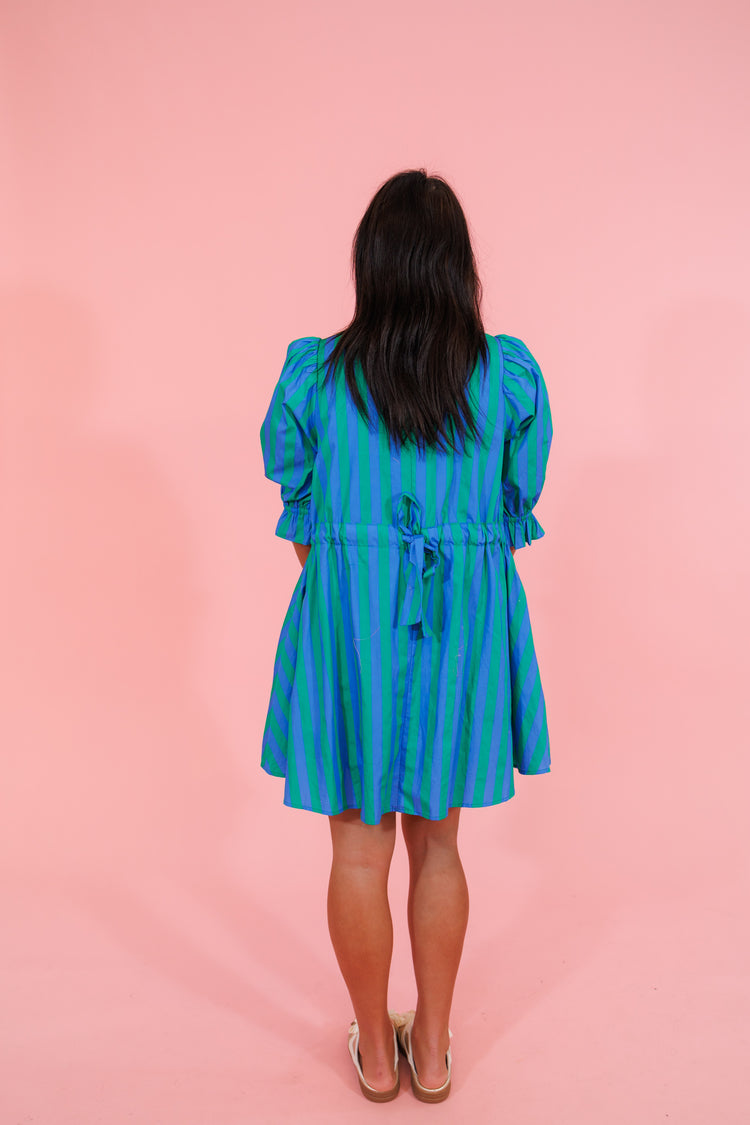 Green and Blue Vertical Stripe Dress