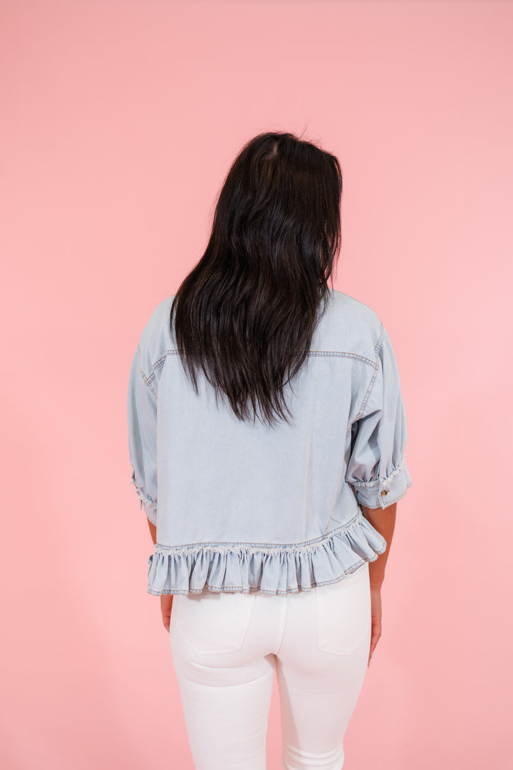 Washed Denim Ruffle Peplum Top