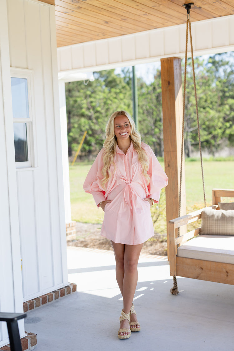 Soft Pink Collar Tie Waist Dress