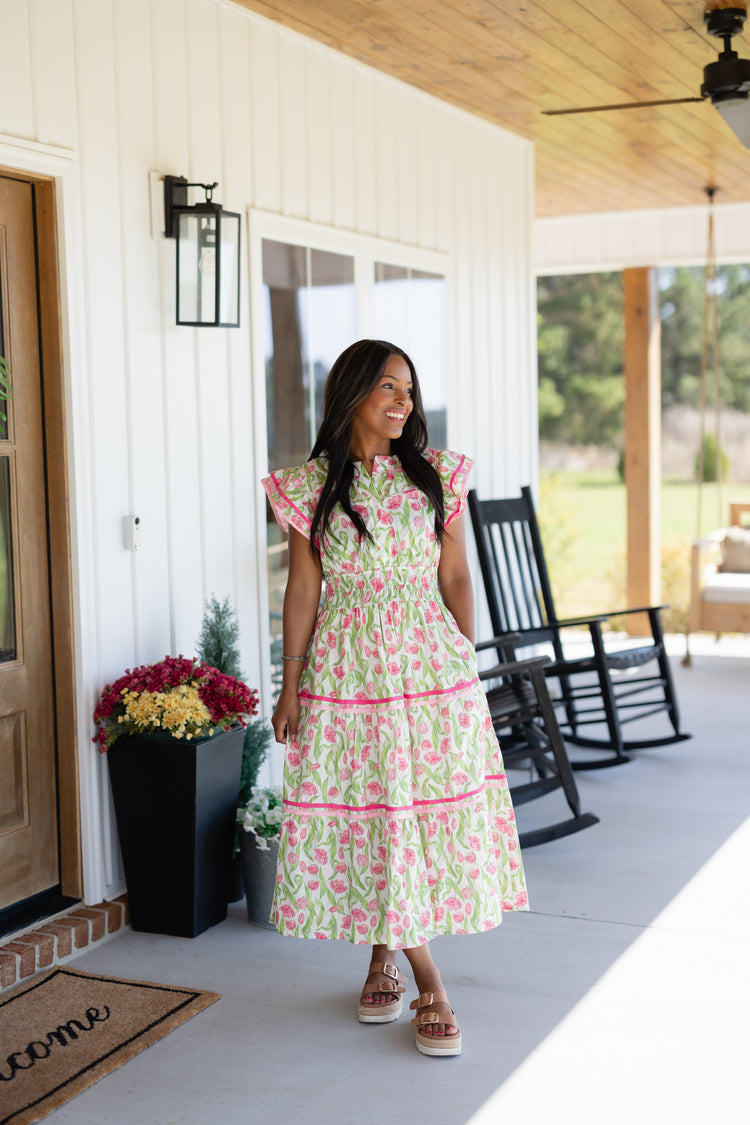 Pink and Green Floral Flutter Sleeve Midi Dress