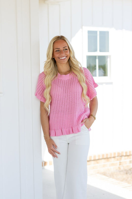 Pink Crochet Knit Flutter Trim Top