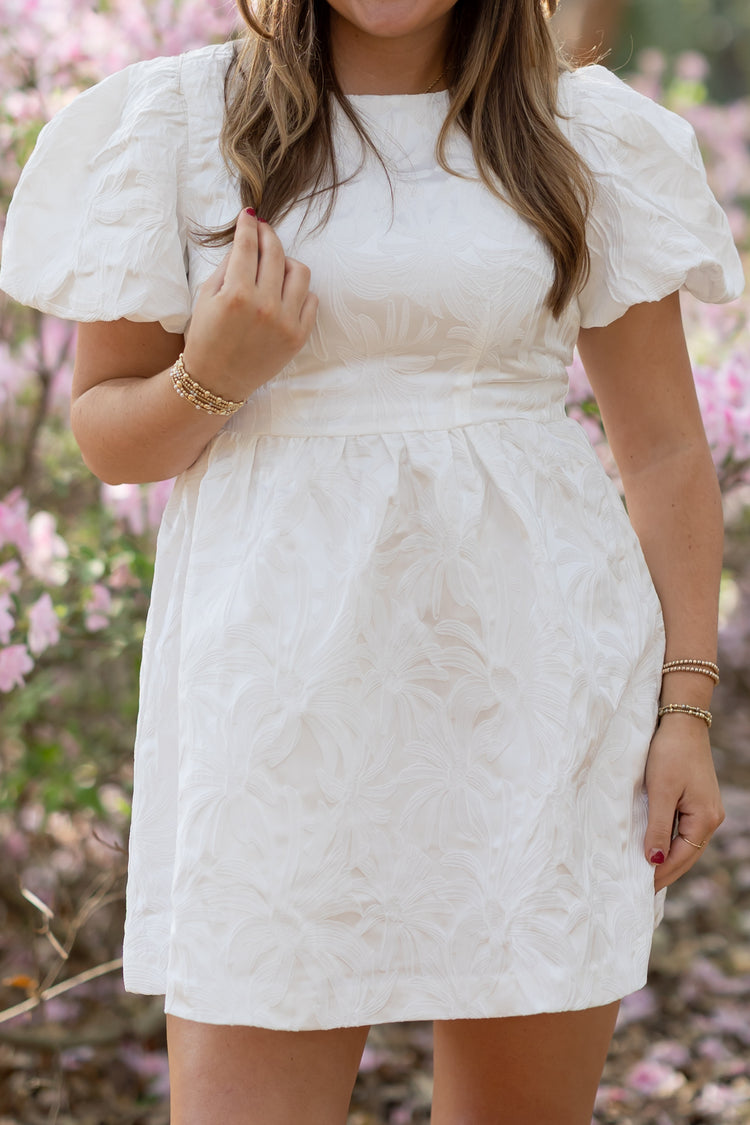 White Floral Bubble Sleeve Jacquard Dress