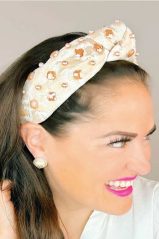 Brianna Cannon Champagne Metallic Headband with Iridescent Quatrefoils