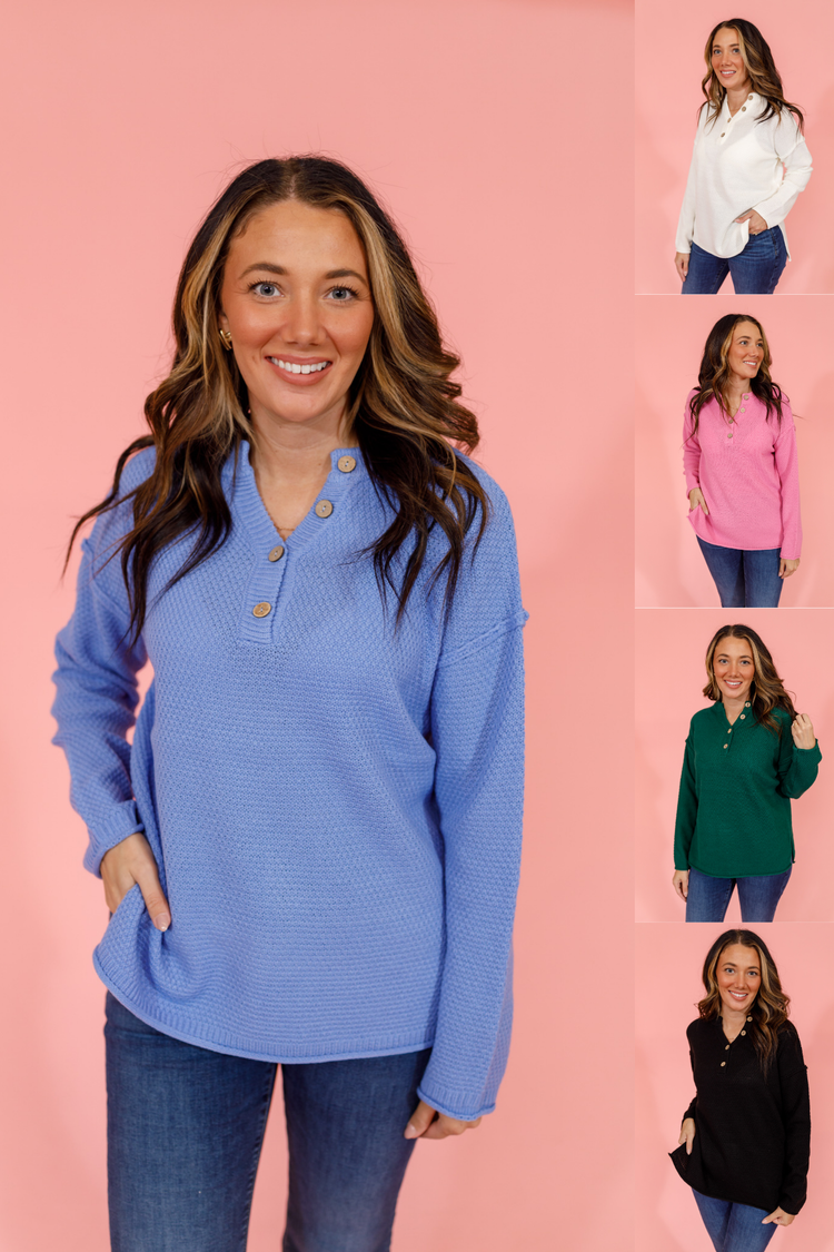 Button Henley Sweater, VARIOUS S-3XL