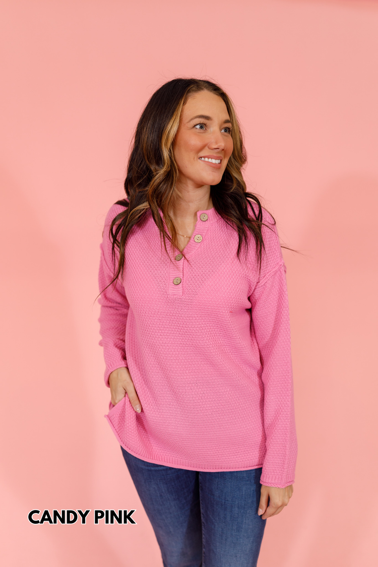 Button Henley Sweater, VARIOUS S-3XL