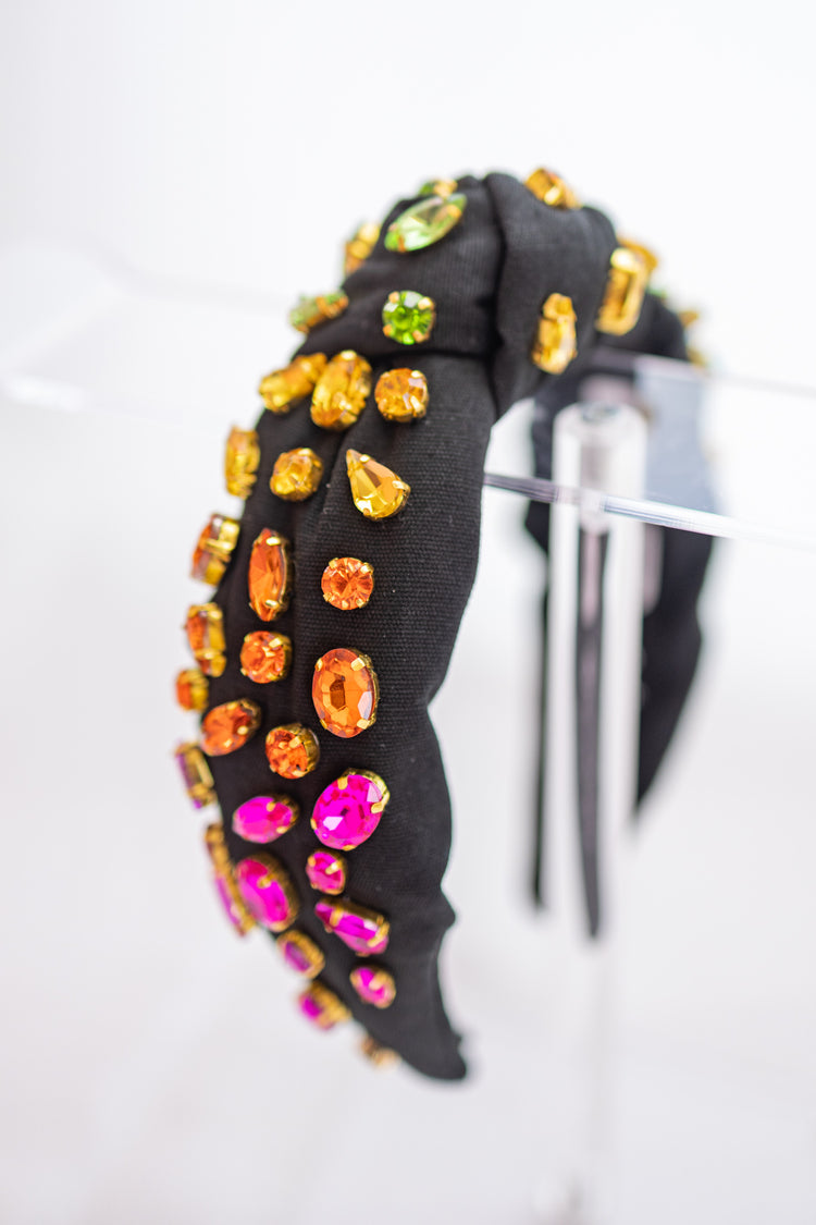 Brianna Cannon Black Headband with Rainbow Gradient Hand-Sewn Crystals