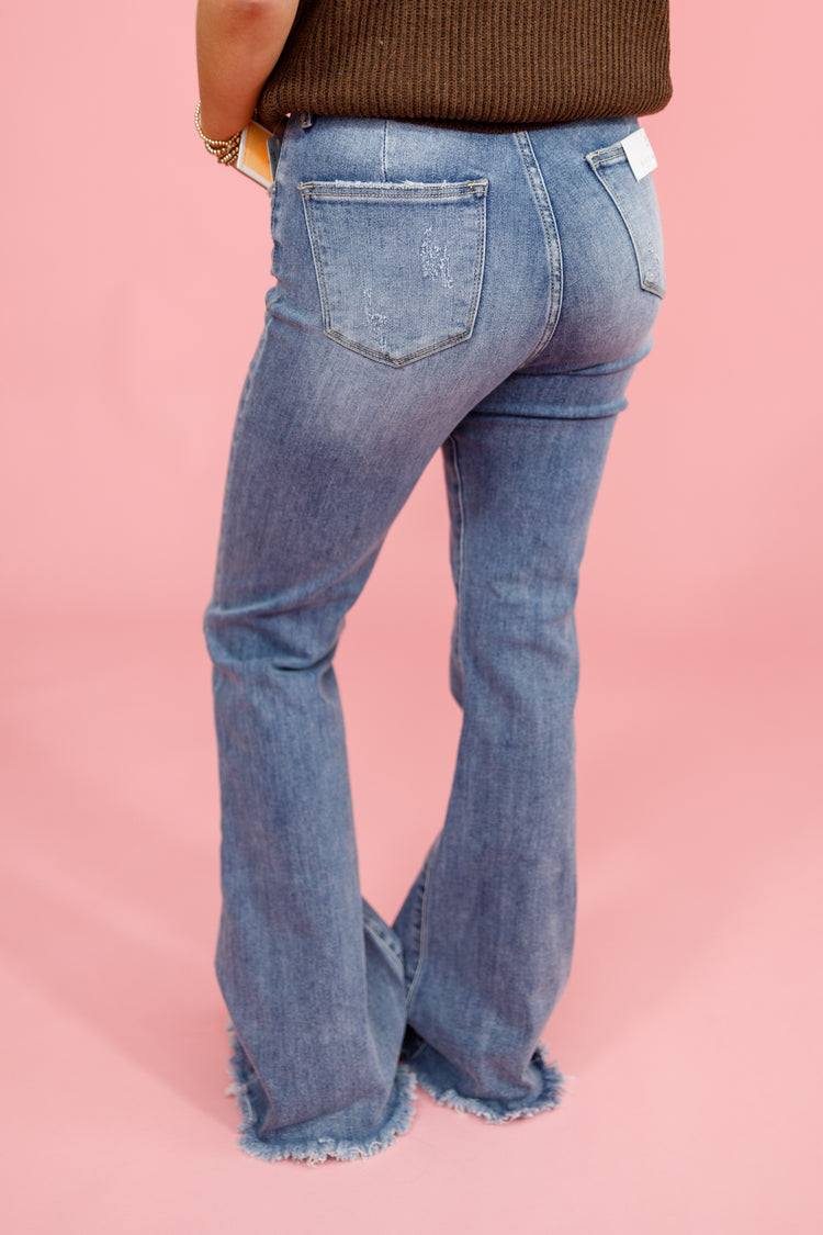 Risen Vintage Frayed Hem Flare Jeans
