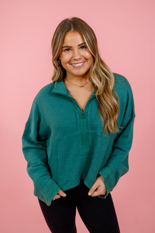 Hunter Green Cropped Zip Up Sweater