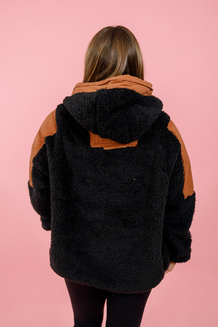 Black Hooded Sherpa Pullover