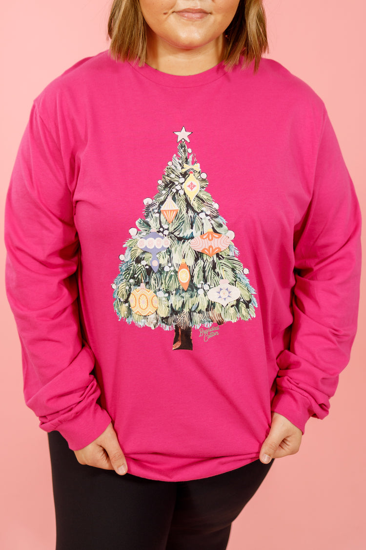Pink Christmas Tree LS Graphic Tee, S-3XL