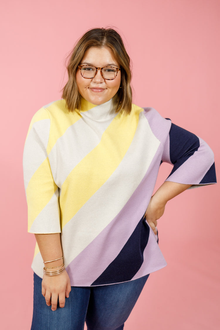 Yellow and Lilac Color Block Sweater, S-3XL