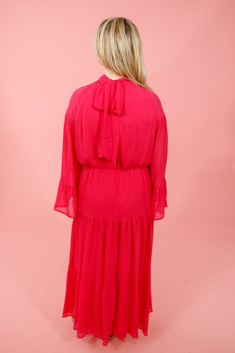Pink Mock Neck Tiered Midi Dress