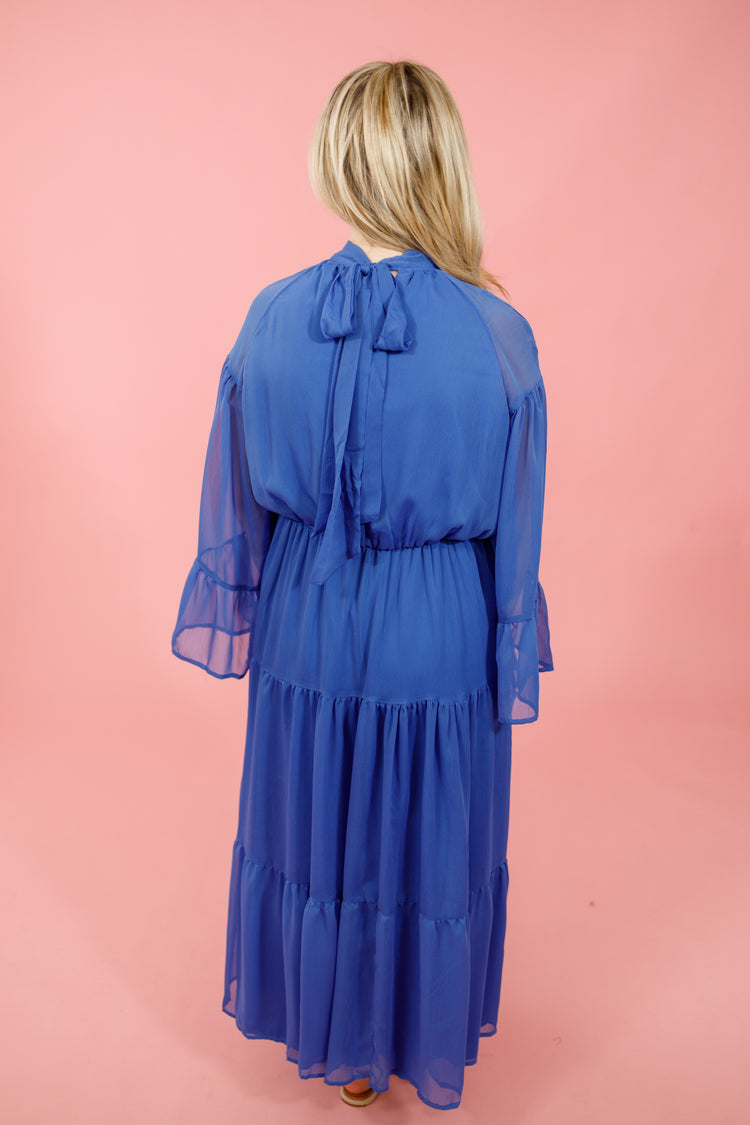 Blue Mock Neck Tiered Midi Dress