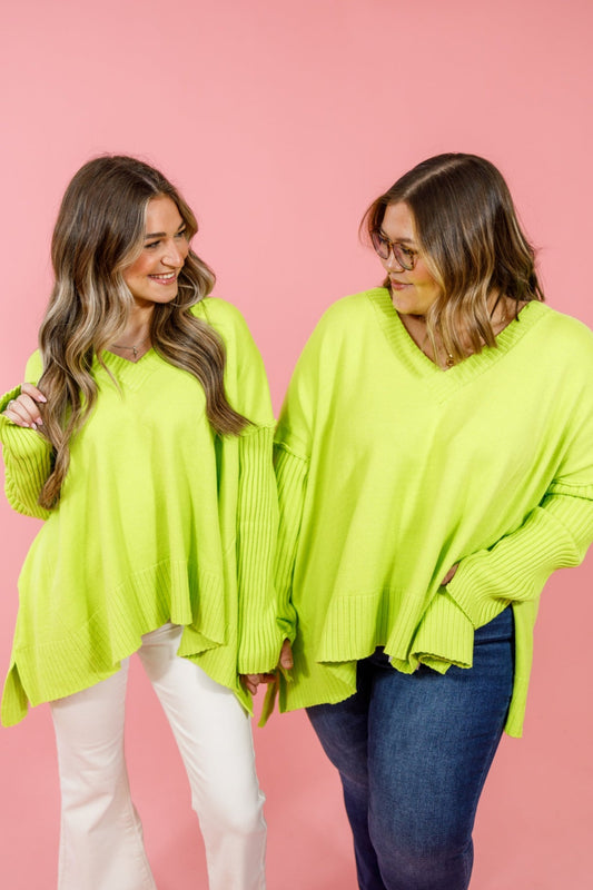 Lime Green Ribbed Side Slit Sweater Top