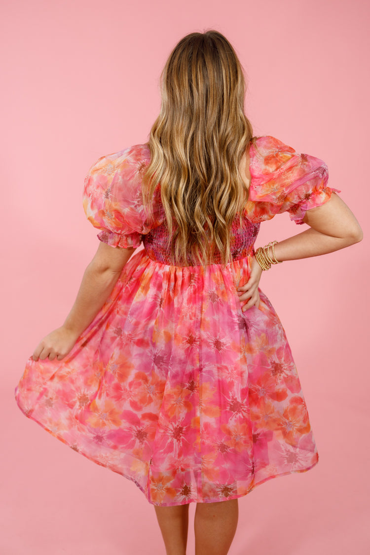 Pink Puff Sleeve Organza Dress