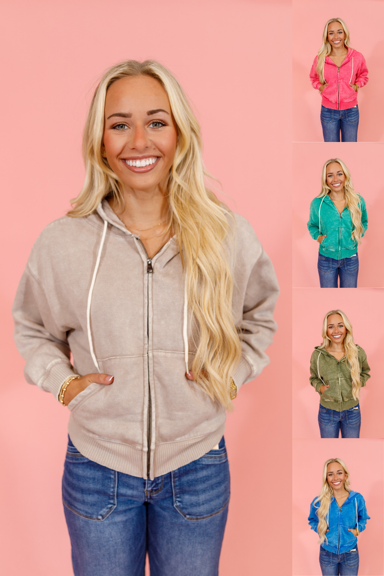 Acid Wash Zip Up Pocket Hoodie, VARIOUS