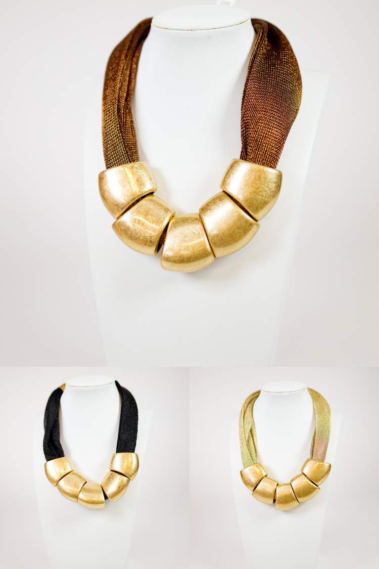 Chunky Geometric Metal & Mesh Necklace, VAROIUS
