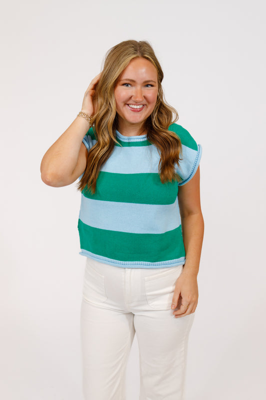 Blue and Green Stripe Knit Top