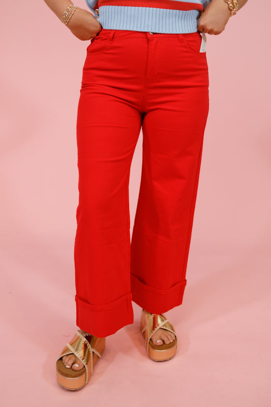 Entro Wide Rolled Cuff Jeans, RED