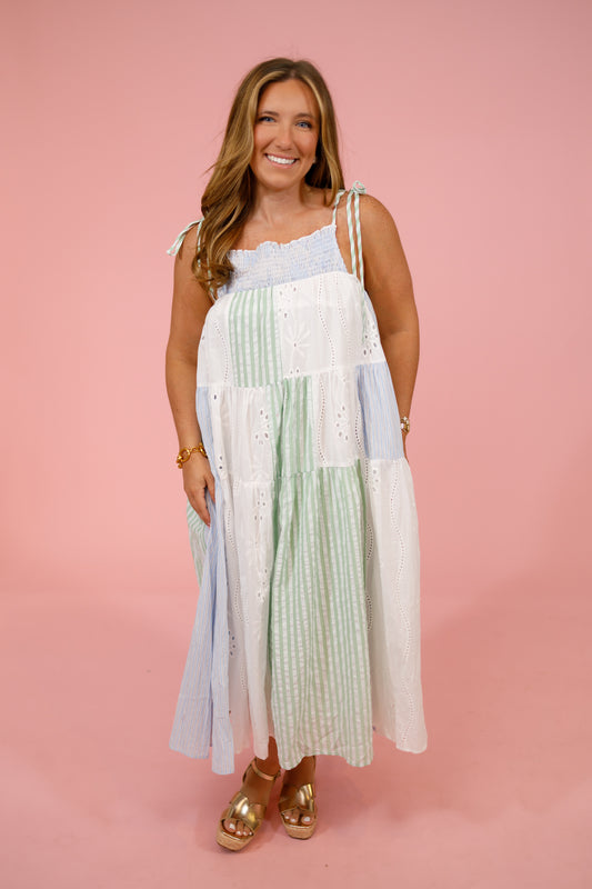 Green and Blue Patchwork Midi Dress