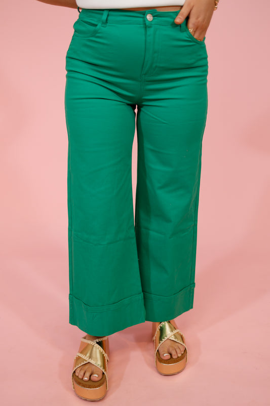 Entro Wide Rolled Cuff Jeans, GREEN
