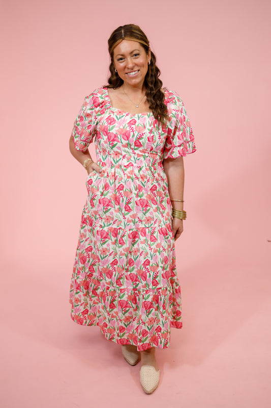 Pink Tulip Floral Midi Dress