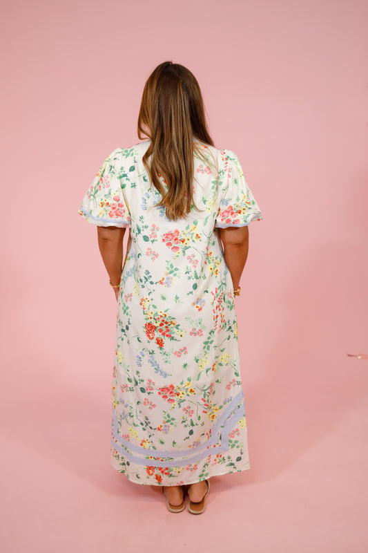 Ivory Floral Puff Sleeve Midi Dress