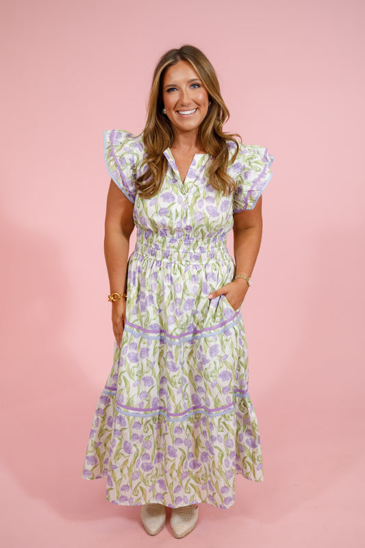 Lilac and Green Floral Flutter Sleeve Midi Dress