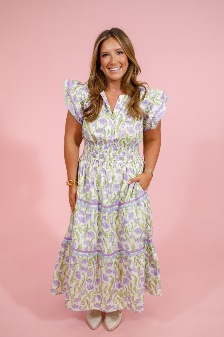 flutter sleeve midi dress Lilac and Green Floral Flutter Sleeve Midi Dress Small