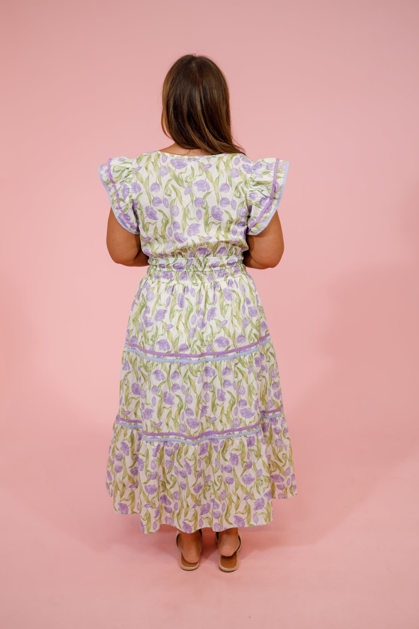 Lilac and Green Floral Flutter Sleeve Midi Dress  Jaxe + Grace Boutique