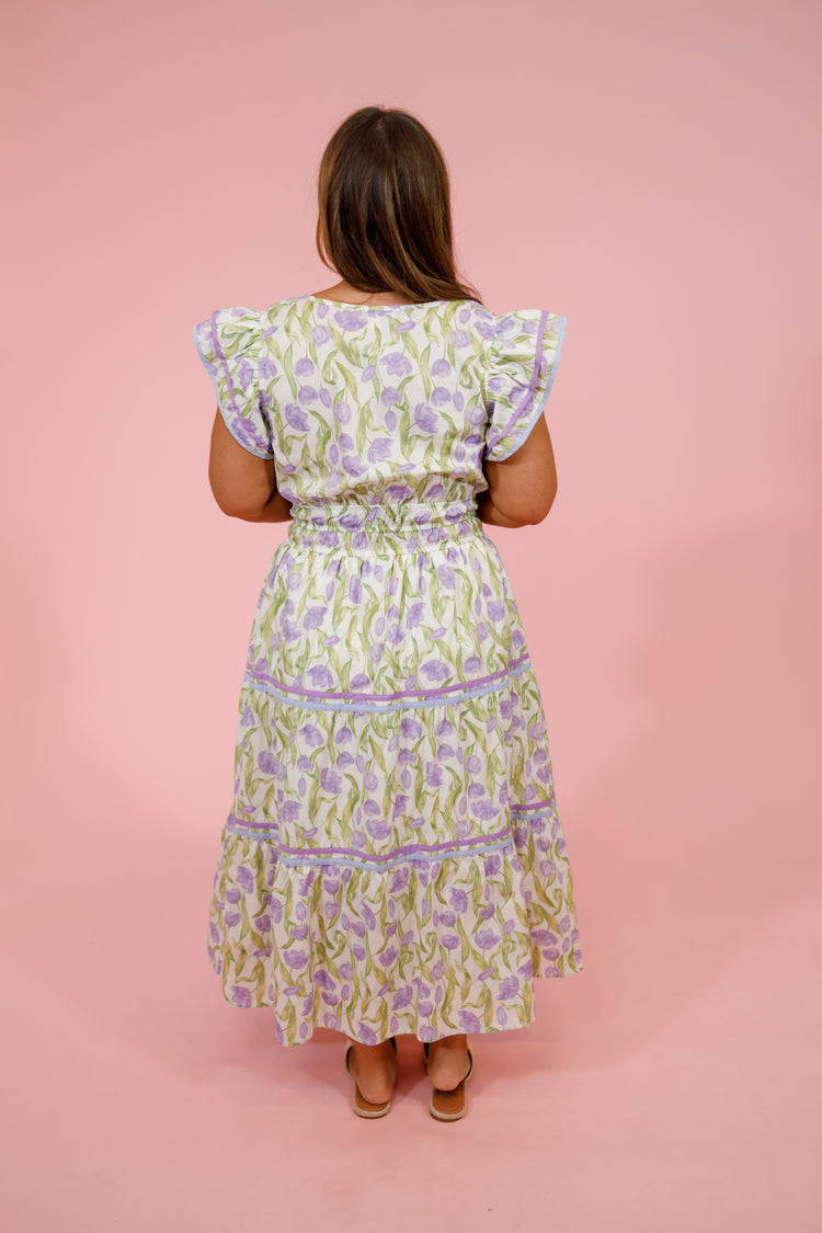Lilac and Green Floral Flutter Sleeve Midi Dress