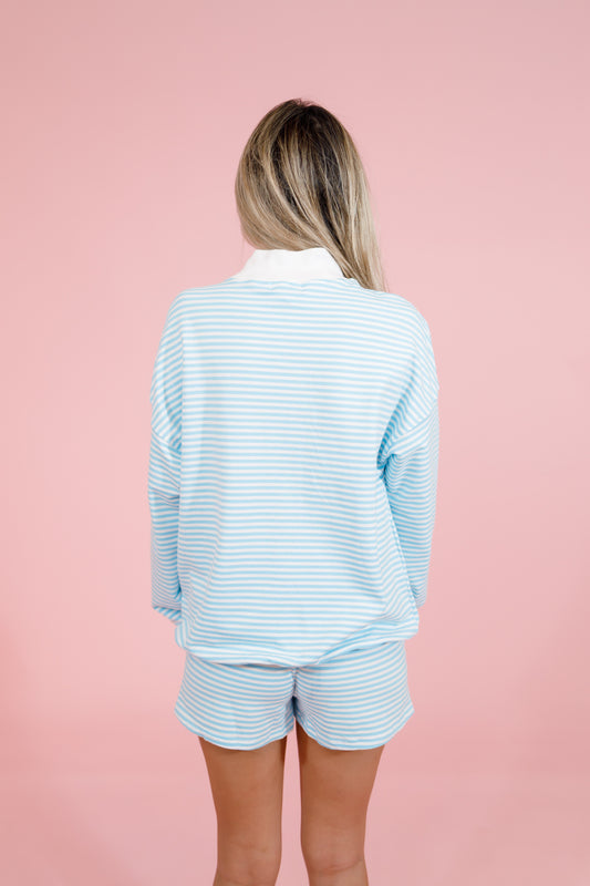 Blue and White Striped Shorts Set