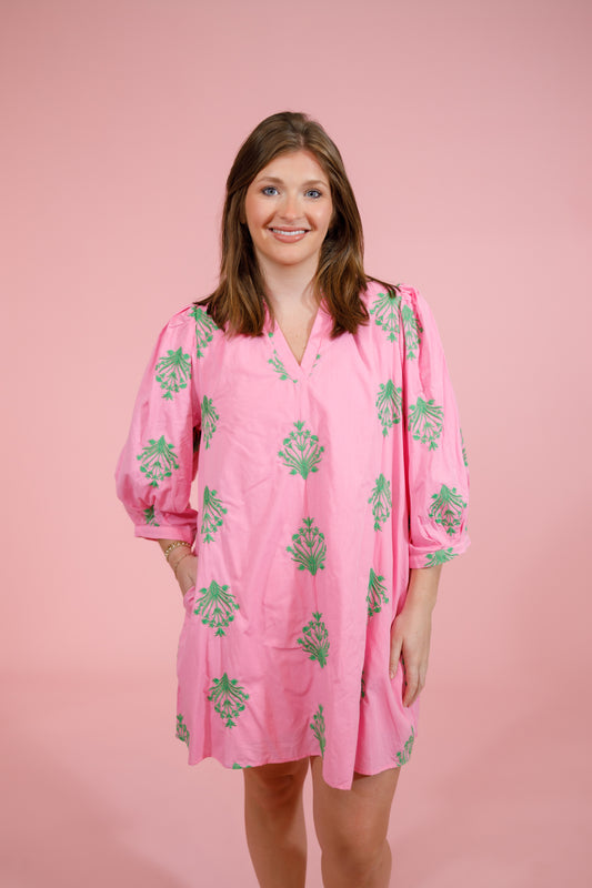 Pink Green Embroidered Flower Dress