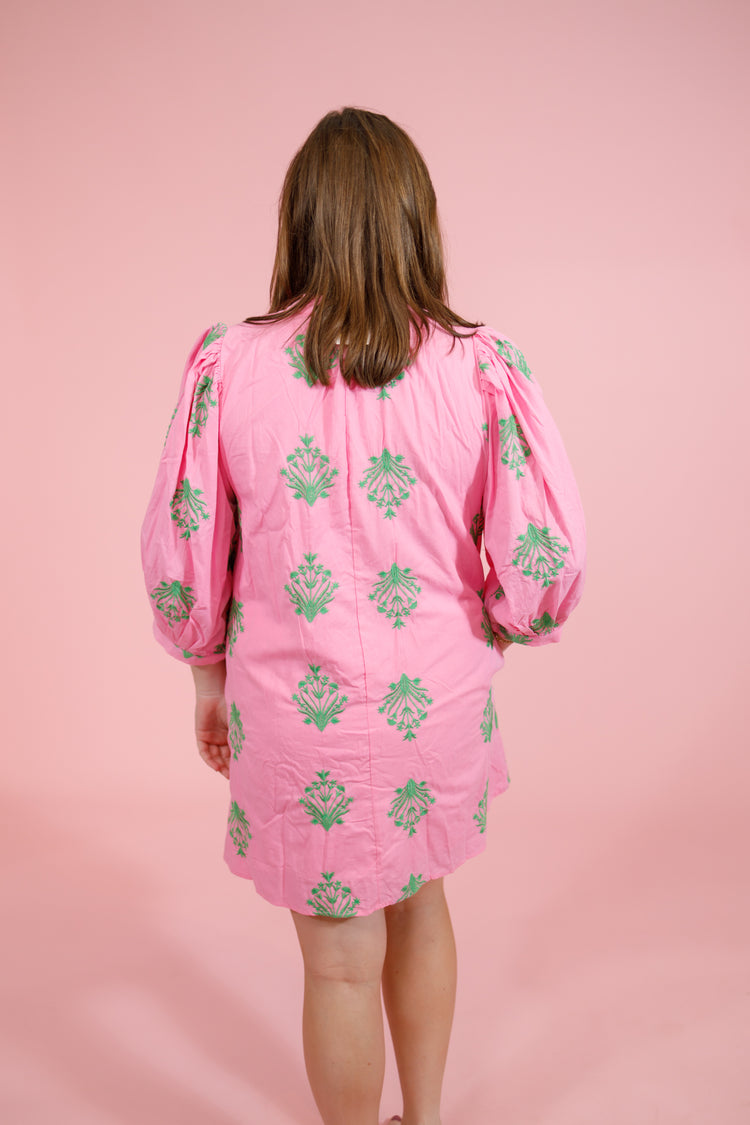 Pink Green Embroidered Flower Dress