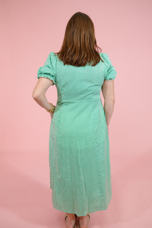 Green and Blue Vertical Stripe Puff Sleeve Midi Dress