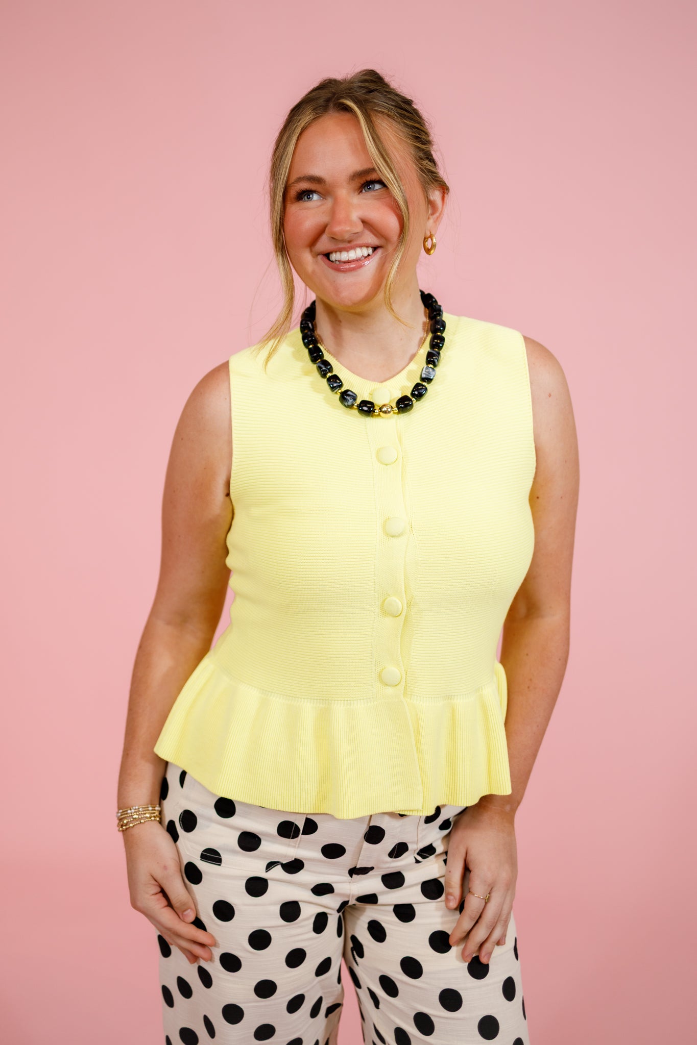 Yellow Lime Knitted Button Peplum Top Jaxe + Grace Boutique