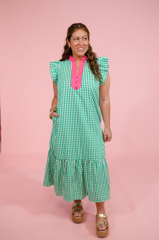 Green Checker Flutter Sleeve Midi Dress