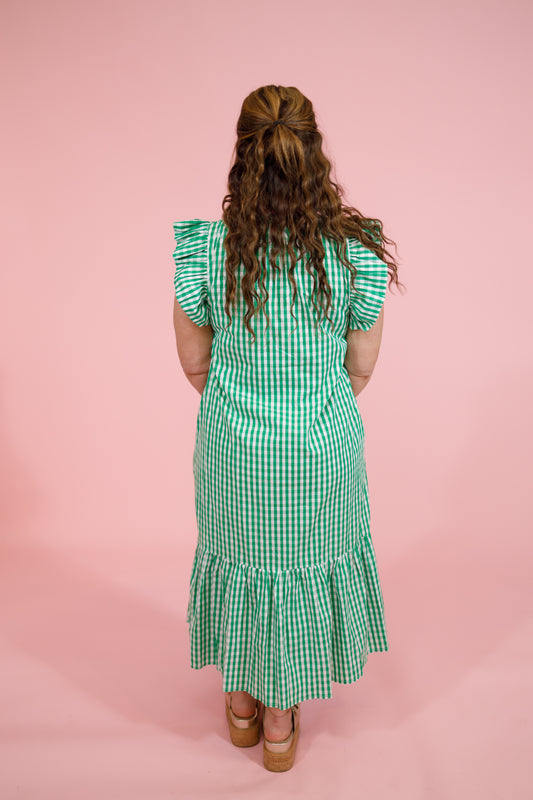 Green Checker Flutter Sleeve Midi Dress