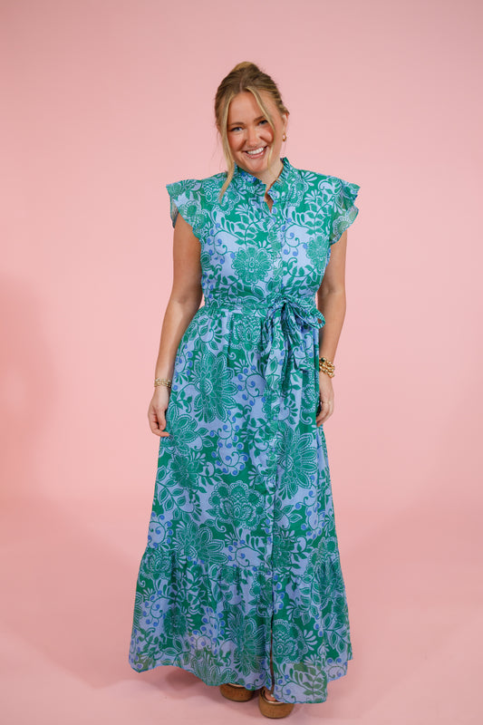 Green and Blue Floral Wrap Maxi Dress