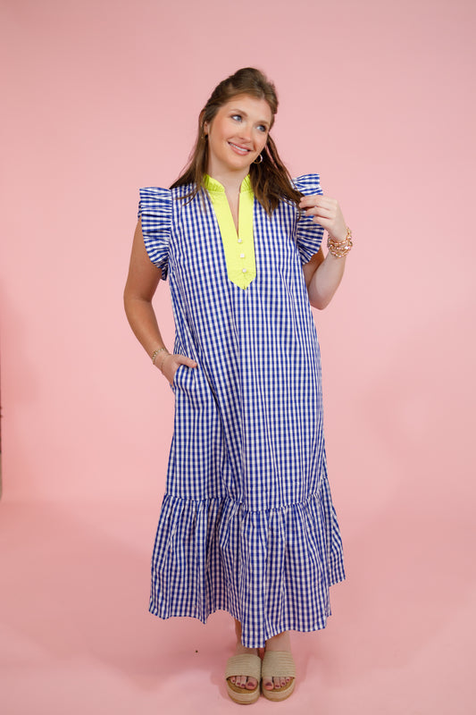 Navy Checker Flutter Sleeve Midi Dress