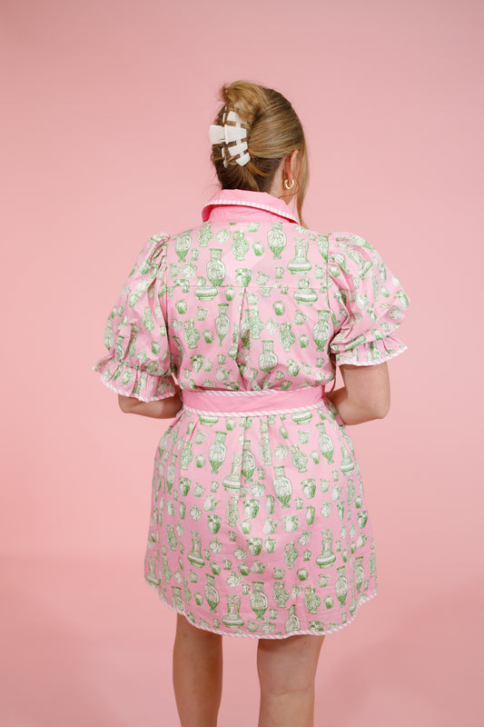 Pink and Green Jar Patterned Tie Dress