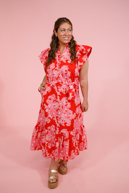 Red and Pink Floral Eyelet Midi Dress, S-2XL