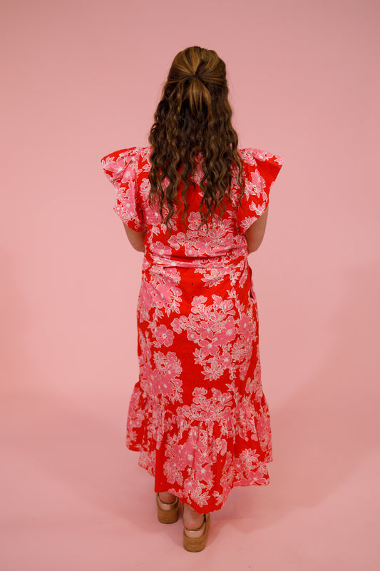Red and Pink Floral Eyelet Midi Dress, S-2XL